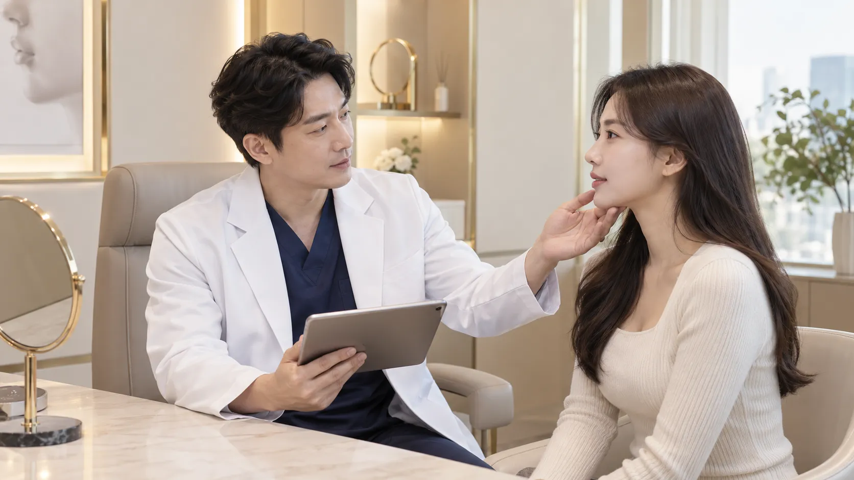 남자 성형외과 원장이 여성 환자를 상담하는 장면